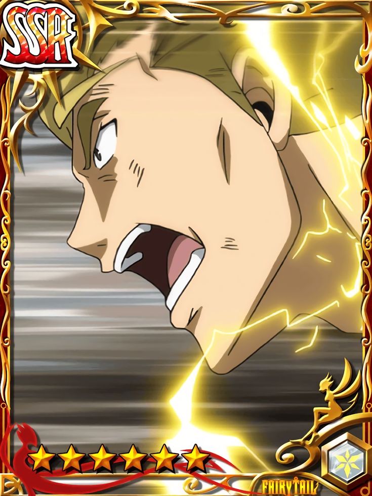 a closeup image of a male anime character from fairy tail with blond hair and a determined expression, his face contorted in a powerful shout, with lightning crackling around him. the image is a character card from a mobile game, with a golden frame and five stars at the bottom, suggesting his high strength in the game. the image conveys his intense focus and powerful magic abilities.