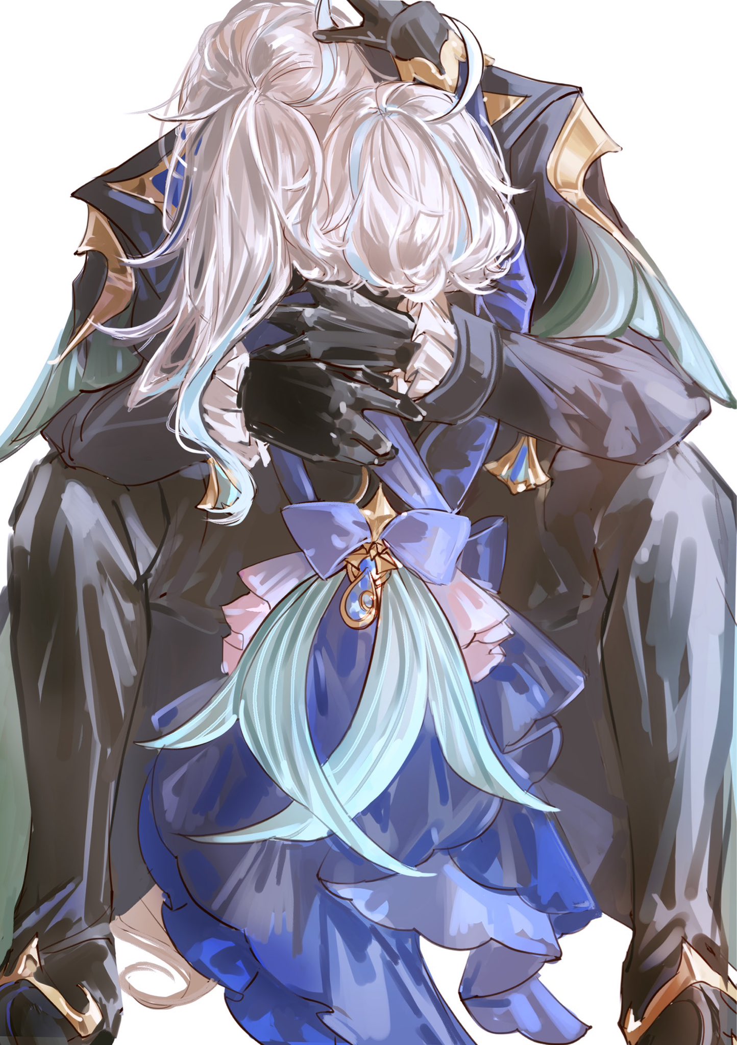 the image depicts a beautifully rendered anime couple embracing each other. the female figure is wearing a flowing blue dress with delicate white lace trim and a large blue bow. her long, white hair cascades down her back and partially covers her face, creating a sense of tenderness and vulnerability. the male figure is dressed in a black suit adorned with gold accents, symbolizing elegance and formality. he gently holds the woman in his arms, his hand resting softly on her back. the overall tone of the artwork is one of affection, love, and gentle embrace.