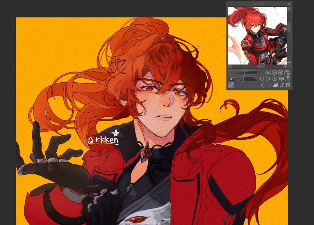 the image is a digital painting or illustration, likely fanart, depicting a male anime/manga style character with vibrant red hair styled in a high ponytail. he's wearing a red jacket or coat with dark undergarments and gloves.  his expression is serious and intense. the background is a solid, warm orange.  the artwork is dynamic and features a powerful pose.  a smaller subview window of a similar character in a slightly different pose, using clip studio paint software is shown in the upper right corner.  the artist's signature, “a_rkken”, is subtly placed within the artwork.  the style is highly stylized, utilizing strong linework, rich colors, and effective use of light and shadow.