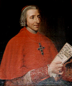 this is a painting of a man in a red robe, likely a cardinal. he wears a wig and a necklace with a cross. he's holding a document in his hand, and there is a ring on his finger. the background is dark. it is a portrait of a historical religious figure.