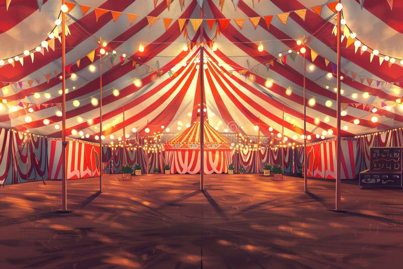 the image shows the interior of a circus tent decorated with red and white stripes, festive lights, and pennant banners. the space is empty, with poles supporting the tent and shadows cast on the wooden floor. there are potted plants lining the sides and a box in the corner.