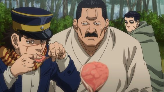 three men stand together in a forest. the man on the left is holding a piece of meat to his mouth and the man in the center appears to be about to eat a piece of meat on a stick. the man on the right is looking at the man on the left. the background is a forest with bare trees. the image appears to be from an anime.