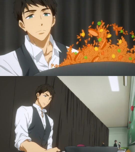 two images of an anime man in a white shirt and black vest. the top image is close up, and he is holding a large silver pan overflowing with fried rice. the bottom image is further away and from a slightly different angle. he is looking down at the pan, which is not visible in the image. there are some people in the background.