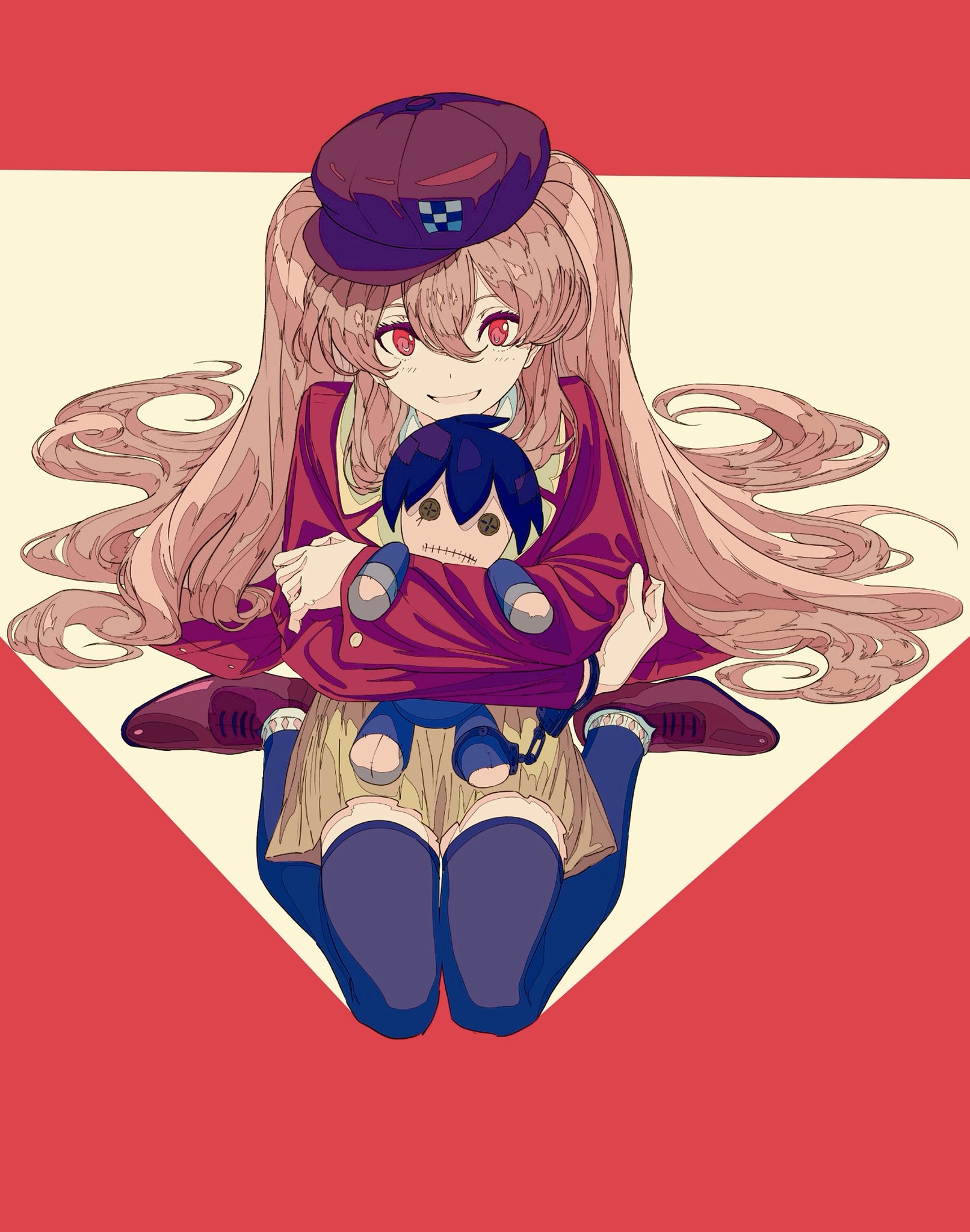 the image is a vibrant digital illustration in a manga/anime style.  it depicts a young girl with long, wavy pink hair, wearing a red jacket over a yellow skirt, dark blue kneehigh socks and shoes, and a dark purplishred newsboy cap. she is sitting and holding a small, darkhaired doll or plush toy close to her.  the girl's expression is pleasant, and her eyes are a striking red. the overall color palette is bold and contrasting, with reds, pinks, yellows, and blues dominating. the background is a simple geometric design of a red triangle overlaid on a cream triangle. the style is stylized and emphasizes clean lines and saturated colors.