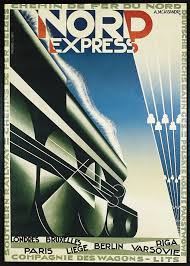 the image is of a vintage travel poster for the nord express train. the poster features a stylized depiction of a train speeding along the tracks, rendered in a sleek, art deco style. the train's wheels are particularly prominent, emphasizing the speed and power of the locomotive. the text on the poster advertises the train's route, which connected various cities in europe, including london, brussels, paris, liège, berlin, warsaw, and riga. ```