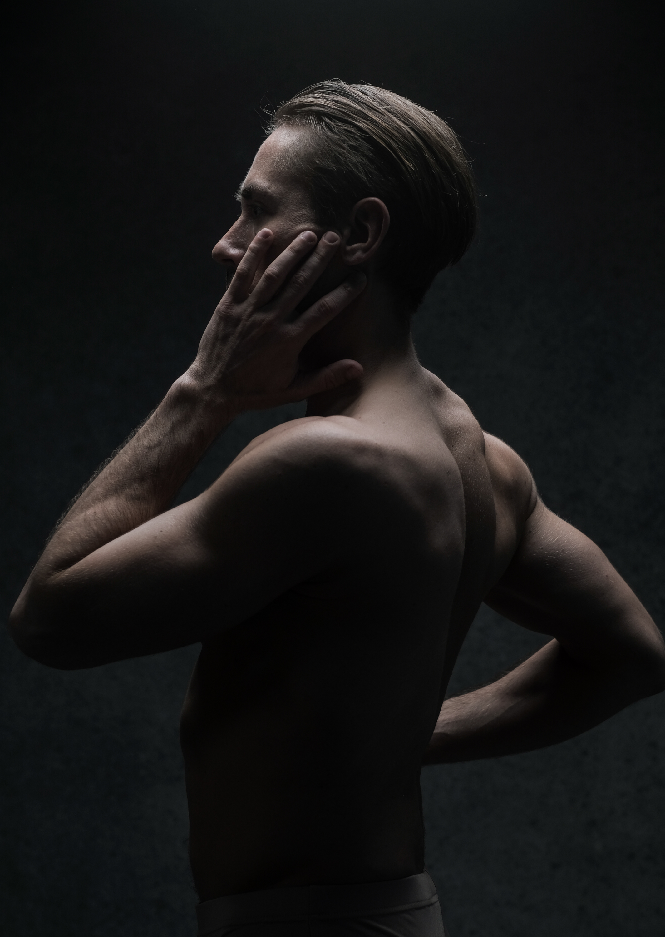 the image features a male dancer illuminated by dramatic spotlighting against a dark background. the dancer is shown in profile from the waist up, with his back to the camera and his head turned to the side, hand gently resting on his cheek. the lighting emphasizes the definition and musculature of his back, shoulders, and arms.  the overall atmosphere conveys a sense of quiet intensity and focus.