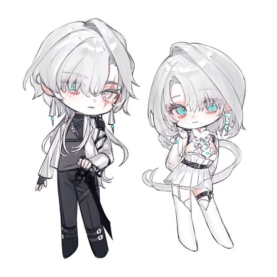 the image showcases two chibistyle characters, likely twins, against a plain white background. they both possess striking white hair and captivating blue eyes. the character on the left sports a more masculine attire, featuring a black and white ensemble with a sword strapped to their back. in contrast, the character on the right embodies a feminine aesthetic with a flowing white dress, thighhigh boots, and delicate accessories. the soft lighting and slightly low angle enhance their adorable features and draw attention to their contrasting yet complementary styles.