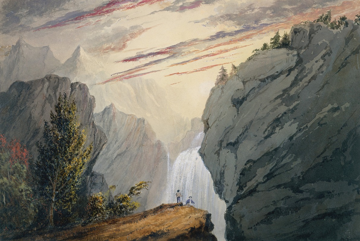 a watercolor painting depicts a majestic landscape with a prominent waterfall cascading down through a gorge, framed by towering mountains and cliffs. the sky is filled with clouds, suggesting a sunset, with streaks of pink and purple. two figures are visible on a rocky outcrop, seemingly admiring the view. trees and other vegetation are scattered throughout, adding depth and texture to the scene. the painting has a classical and serene aesthetic.