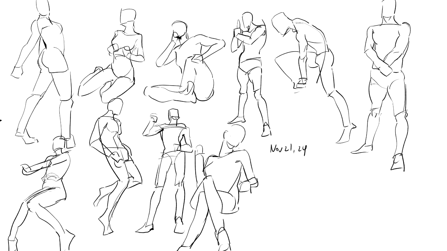 the image contains a collection of multiple figure drawings, seemingly created as quick sketches or gesture drawings.  the style is loose and expressive, focusing on capturing the movement and overall form of the human body rather than precise anatomical detail.  the figures are in various poses, some dynamic and active, others more relaxed or seated.  the drawings are all done in black ink or pen, on a white background. a date, "nov 21, 24," is visible, suggesting a date of creation. the overall impression is one of a practice session or sketchbook page dedicated to capturing human form.