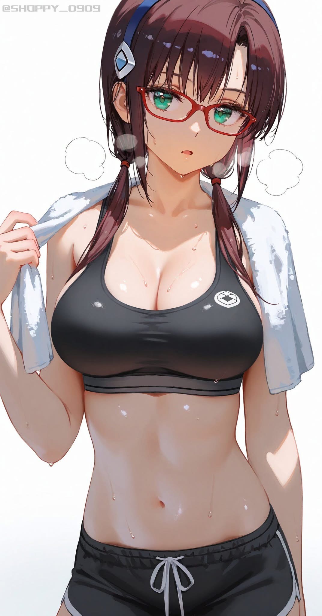 anime girl wearing a sports bra and shorts, with a towel around her neck. she has red glasses, pigtails, and a headband. she appears to be sweating after a workout.
