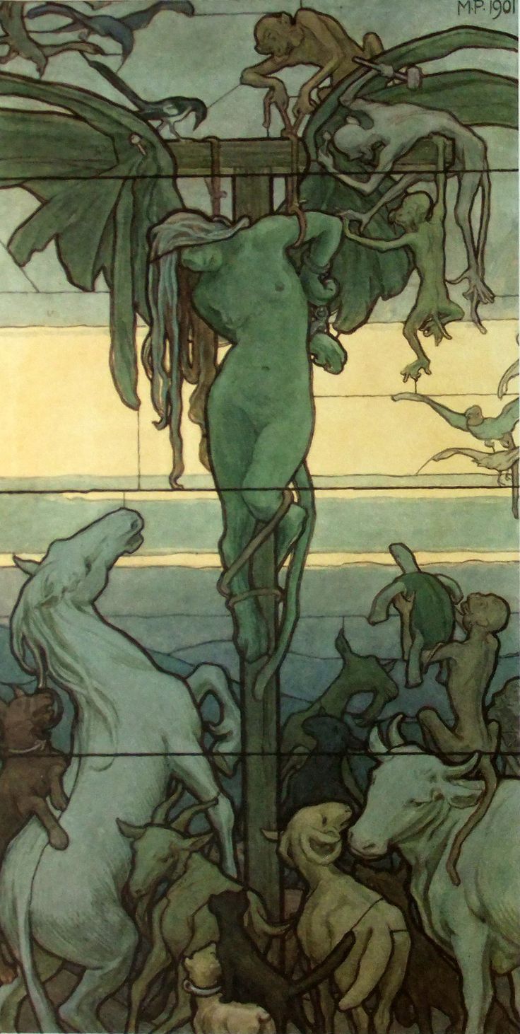 he image is a stylized illustration or painting in the art nouveau style. it depicts a central figure, a greenskinned humanoid female, bound to a treelike structure.  surrounding her are various fantastical creatures including monkeys, birds, a horse, a cow, goats, and other animals. the overall color palette is muted greens, blues, and yellows. the style is highly symbolic and suggestive of a mystical or spiritual narrative. the creatures appear both humanlike and animalistic, blurring the line between the two. the scene is set against a backdrop suggesting a landscape or surreal environment. the details are intricate and the overall feeling is dreamlike and somewhat unsettling, yet captivating due to the unusual visual composition and creatures.