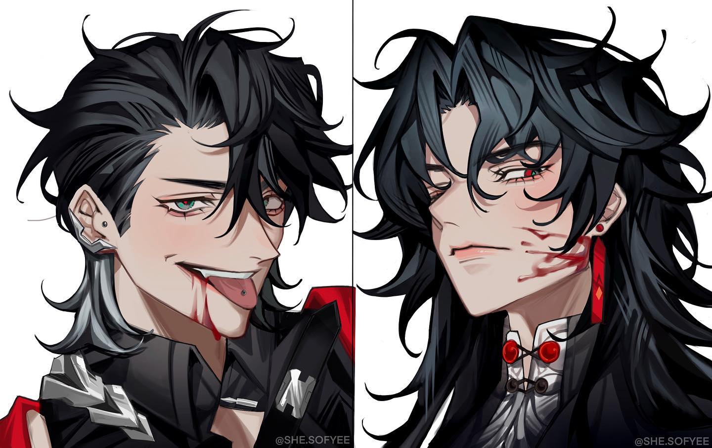 the image showcases two digital fan art portraits of a male anime character, presented sidebyside.  both characters have similar features (long black hair, sharp eyes, piercings) but distinct expressions and markings. one has a playful, almost mischievous look with blood on his mouth, suggesting a recent injury or fight. the other appears more stoic, perhaps wounded, with noticeable bloody scratches across his face.  both are dressed in dark, stylish clothing with hints of red accents. the art style is distinctly anime/manga, with sharp lines, expressive eyes, and intense detail in the characters' features.  the artist's watermark, "@she.sofyee," is visible in the bottom corners.