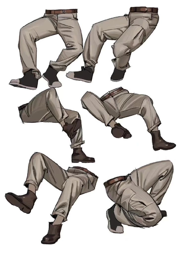 this is a drawing of several different poses of a person's legs wearing a pair of khaki pants and boots.  the poses are varied and interesting and are drawn with a simple style.  the drawing shows the different ways that legs can be positioned and how the pants and boots would drape over the body.