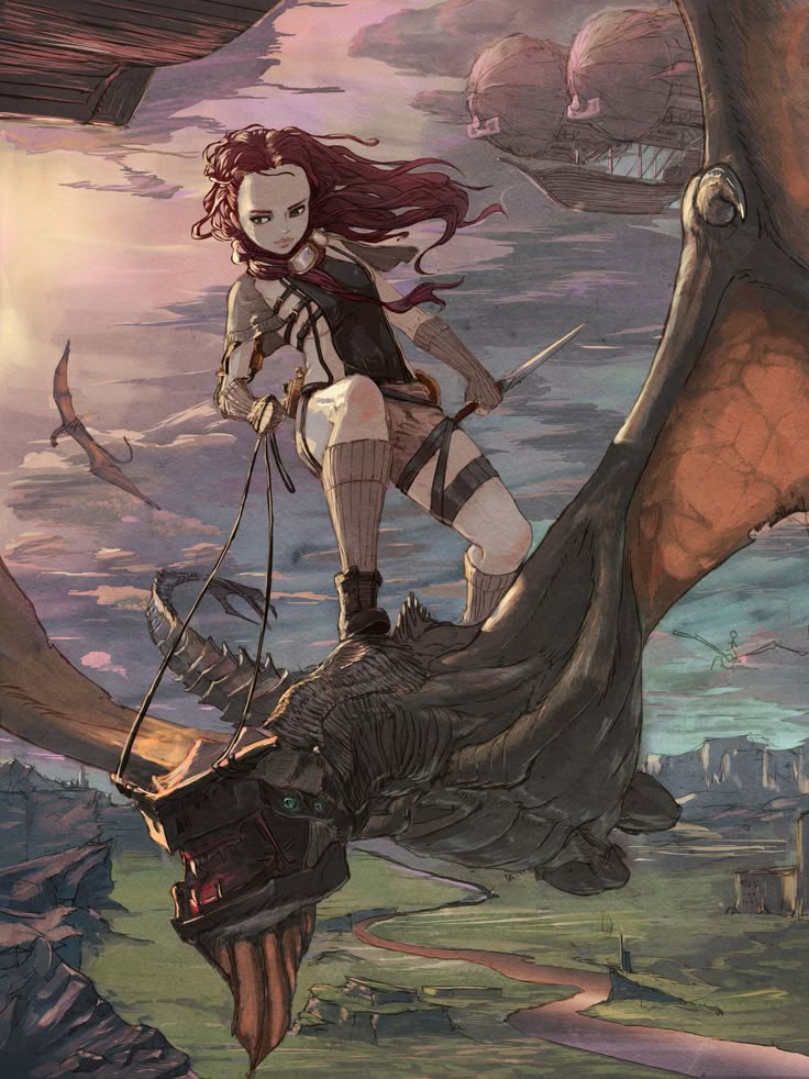 an illustration depicts a redhaired girl standing on the back of a dragon. she is holding a dagger and reins. behind her are airships in the sky. the dragon is flying over a landscape with buildings. the style is reminiscent of steampunk fantasy art.
