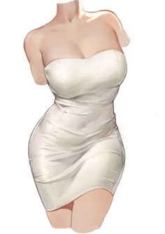 this is a digital art piece featuring a woman dressed in a white strapless dress. the image highlights her curves and features, with a focus on her body, dress, and styling. the art style is likely anime or manga influenced, as seen in the exaggerated features and stylized appearance. the woman stands in a pose that emphasizes her form, with a focus on her chest and thighs. the image is rendered in a realistic style, with soft lighting and detail.