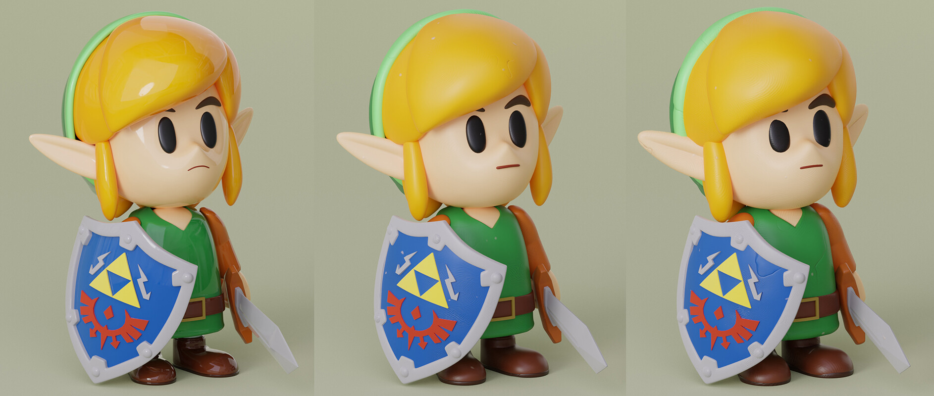 three identical renders of a 3d model of link from the legend of zelda video game franchise. he is in his classic green outfit and hat, holding his sword and shield. the only difference between each render is the level of glossiness on his hair and tunic.