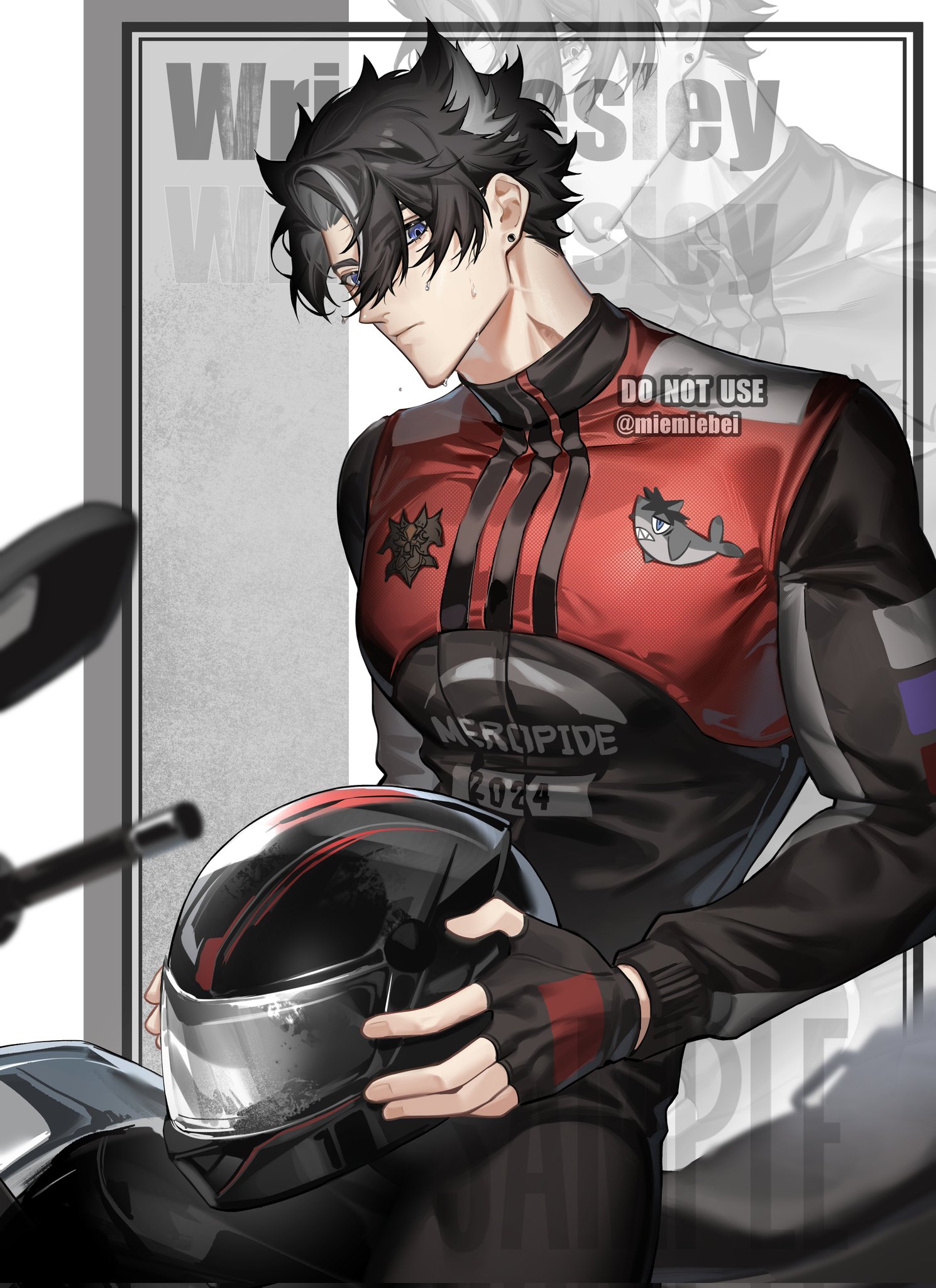 a digital illustration of a young man in an anime style. the man has black hair and blue eyes. he is wearing a red and black racing suit, black gloves, and a motorcycle helmet. he is standing in front of a white background with the text "wrisley" above his head and the text "meropide 2024" written on his suit. he appears to be serious and is looking forward. he looks like a racer, as if he is about to get on his motorcycle.