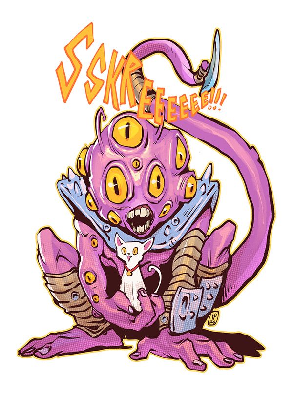 a purple alien creature with multiple eyes is holding a white cat. the alien is screaming, with the word "sskrreeeee!!!" written above. it has a tentacle extending from its head and is wearing a silver collar.