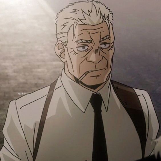 the image features a closeup portrait of an adult male character from an anime or manga series. he has short gray hair, a stern expression with wrinkles around his eyes and forehead, and a cigarette in his mouth. he is wearing a white buttondown shirt with suspenders and a black tie. the background is a blur of light brown and beige tones.