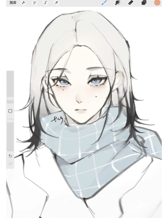 the image is a digital drawing of a young woman with white hair and blue eyes. she is wearing a light blue scarf and a white shirt. the drawing is done in a soft, anime style with light and airy lines. the lighting is soft, creating a gentle and serene atmosphere.