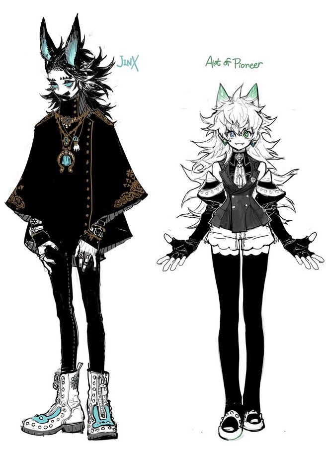 the image shows two animestyle characters, one male and one female, drawn in a detailed black and white style. the male character, on the left, is dressed in a dark cloak with gold accents, black pants, and white boots with blue accents. he has black hair with blue wolf ears and his face has blue markings. the female character, on the right, is dressed in a black and white outfit with a white skirt and black leggings. she has white hair with green wolf ears and her face is outlined in blue. she wears black boots with silver accents. both characters are standing in a fullbody pose and looking at the viewer. their names are written in green above them.  the overall style of the image is dark and edgy, with a focus on detail and a sense of fantasy.  the image appears to be a character design or illustration.