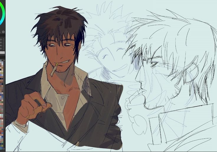 the image shows a digital art illustration of two anime characters. the main character is in the foreground and is depicted with a detailed and colorful style while the second character is sketched out in the background. the main character is a man with brown hair and a beard wearing a dark suit jacket and a white shirt, he has a cigarette in his mouth. the second character is a man with messy, short black hair. the illustration has a cool and stylish vibe with a dark color palette.