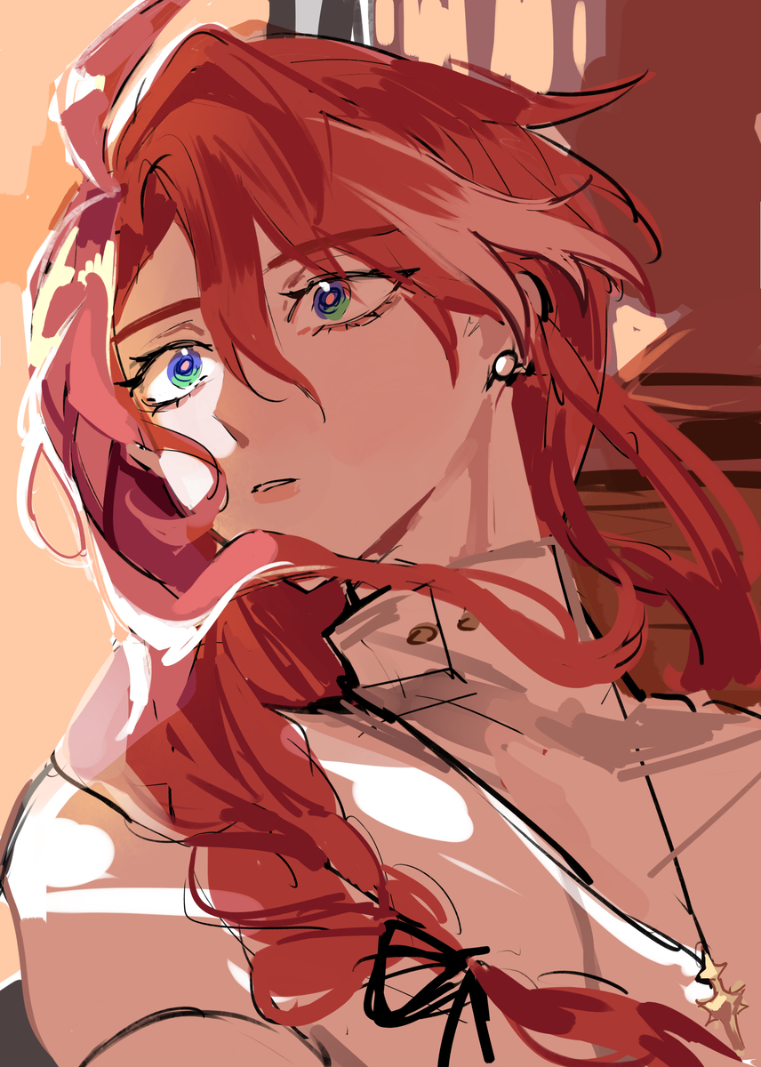 this is a digital illustration of a young man with red hair and green eyes. he is looking away from the viewer, and his red hair is flowing down his shoulders. he is wearing a white shirt with a necklace and an earring.