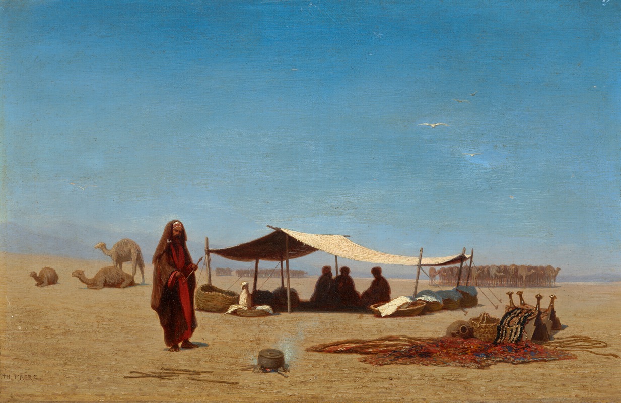 the image is an orientalist painting depicting a desert scene. in the foreground, a man dressed in a dark robe with red accents stands next to a small pot emitting smoke. several camels are visible in the distance, some standing and others lying down. a tent offers shade to several people sitting inside. various objects, including a carpet, baskets, and saddles, are scattered around the tent. the sky is a clear blue, and a few birds are flying in the distance. the overall atmosphere is calm and peaceful, typical of desert landscapes.