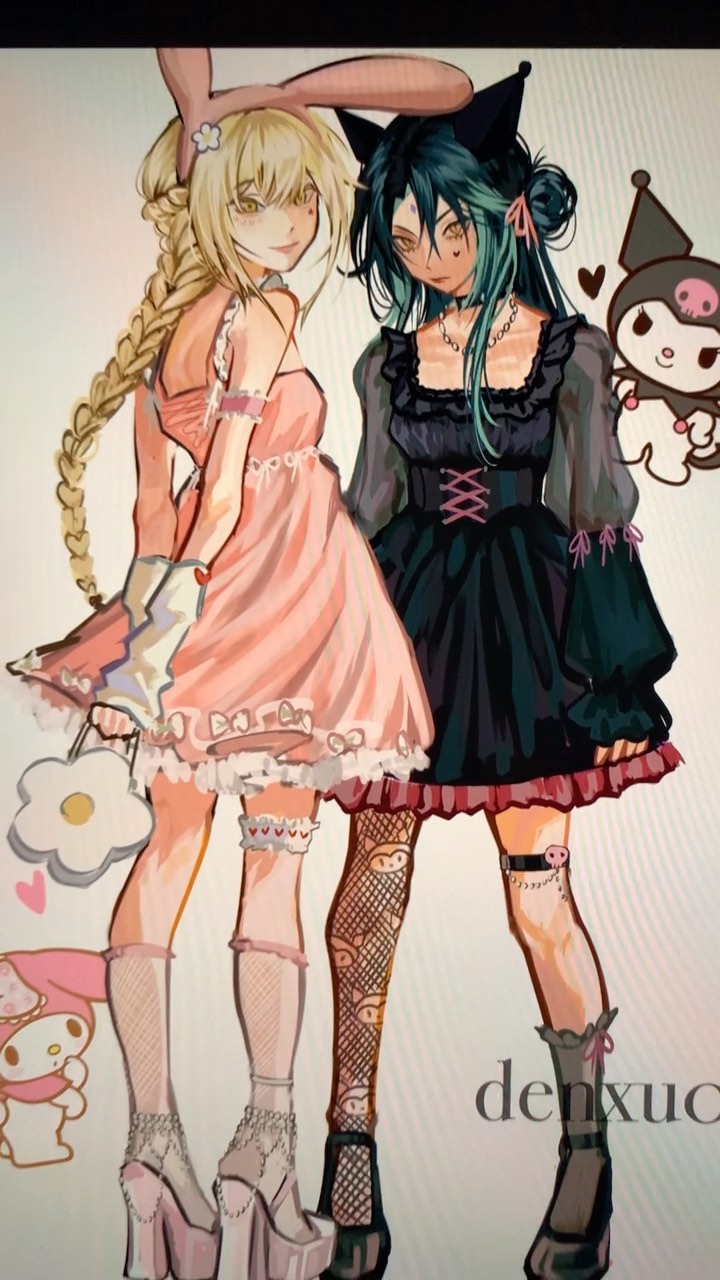 the image showcases digital fanart depicting two anime girls styled in contrasting aesthetics. one girl sports a pastel pink, bunnyeared lolitastyle dress with white lace trim, fishnet stockings, and platform shoes, embodying a sweet, kawaii aesthetic. her long blonde hair is styled in a braid.  the other girl is dressed in a darker, gothinfluenced black dress with a corsetlike bodice, cat ears, and fishnet stockings with cartoonish pig designs. her teal hair is styled in a bun. both girls are surrounded by sanrio characters, including my melody and kuromi, enhancing the overall kawaii and slightly dark themes. the art style is clean and detailed, with a focus on soft pastel colors for one girl and darker, more saturated tones for the other, creating a visually engaging contrast. the artist's signature, "denxuoc," is subtly placed at the bottom.