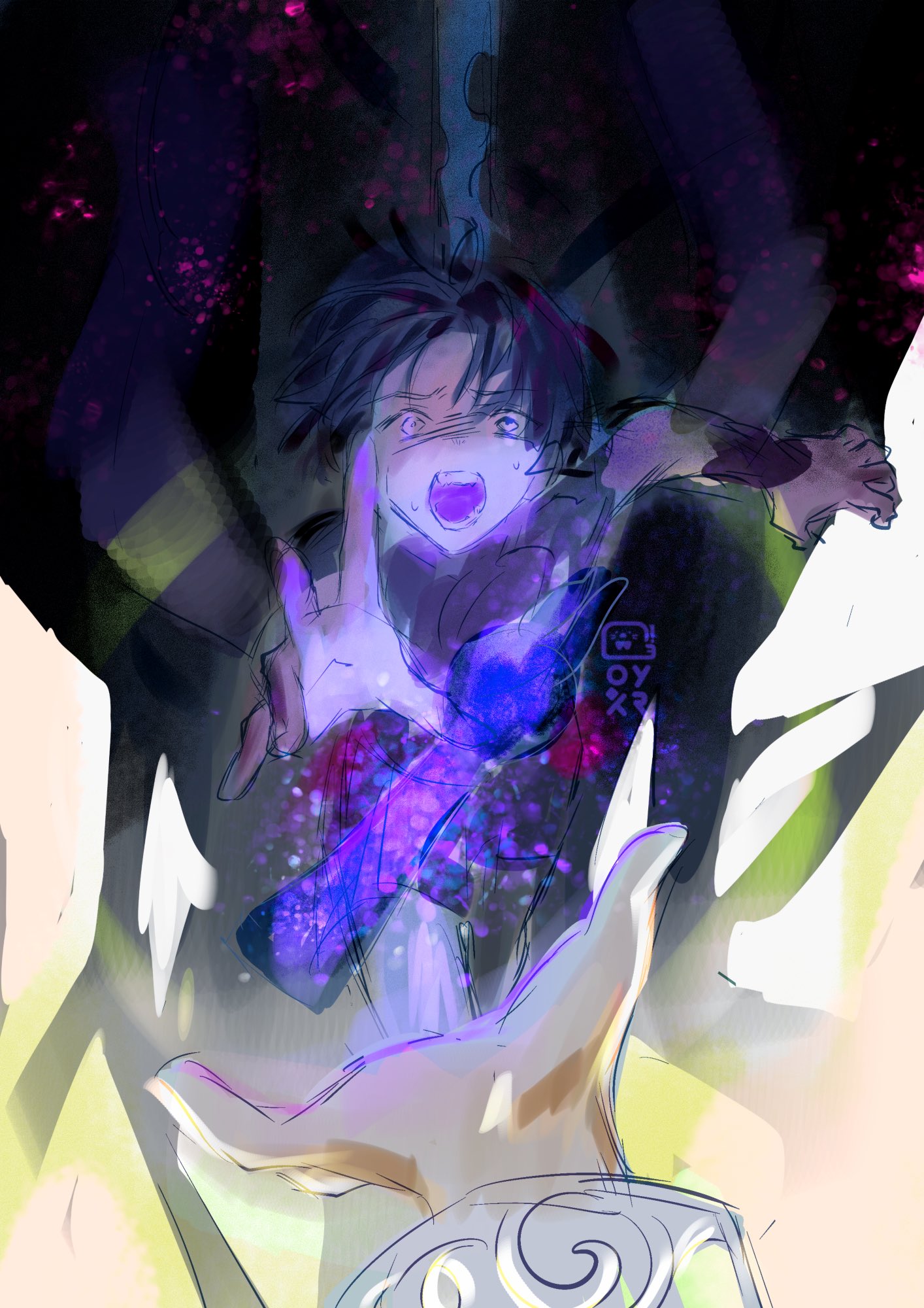 the image depicts a young anime boy, possibly a teenager, in midair. he is wearing a dark purple outfit and a hood. he is reaching out his hand towards an unseen hand reaching out to grab him. he is looking down with fear and panic, his mouth opened in a wide scream. the boy is engulfed in a bright purple light and surrounded by dark shadows. the background is an abstract mixture of purple, white and light green colors.  the overall mood is dramatic and suspenseful.