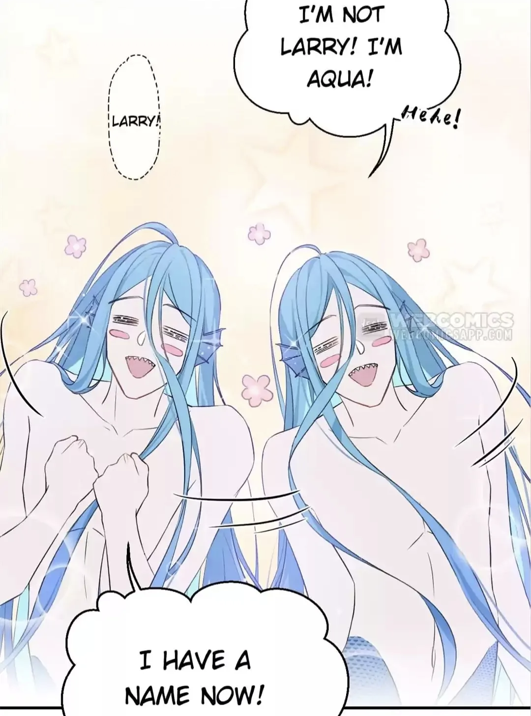 he image is a mangastyle illustration depicting two identical mermen with long, flowing light blue hair.  they are lightskinned and appear to be twins. they are expressing happiness and excitement.  a speech bubble above them says "i'm not larry! i'm aqua! hehe!". another speech bubble below them states "i have a name now!". the background is a pastel light yellowpink with small flower decorations.  the overall style is lighthearted and whimsical.  the image suggests a humorous scene where the mermen are revealing their true names.