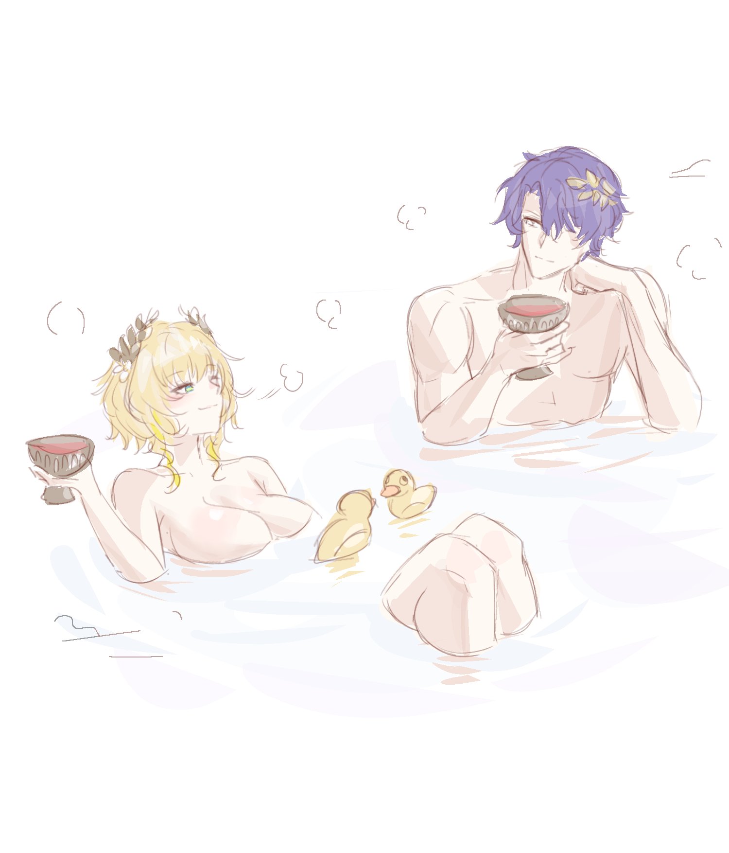 the image is a digital drawing or fanart, likely anime or mangastyle, depicting a young man and woman relaxing in a bath together.  both are partially submerged,  with only their upper bodies and heads visible. the woman has blonde hair and is holding a goblet of what appears to be red wine.  the man has purple hair and is also holding a goblet. two small yellow rubber duckies float in the water between them. the style is soft and light, with pale colors and a gentle atmosphere. the overall impression is one of relaxed intimacy and romance.