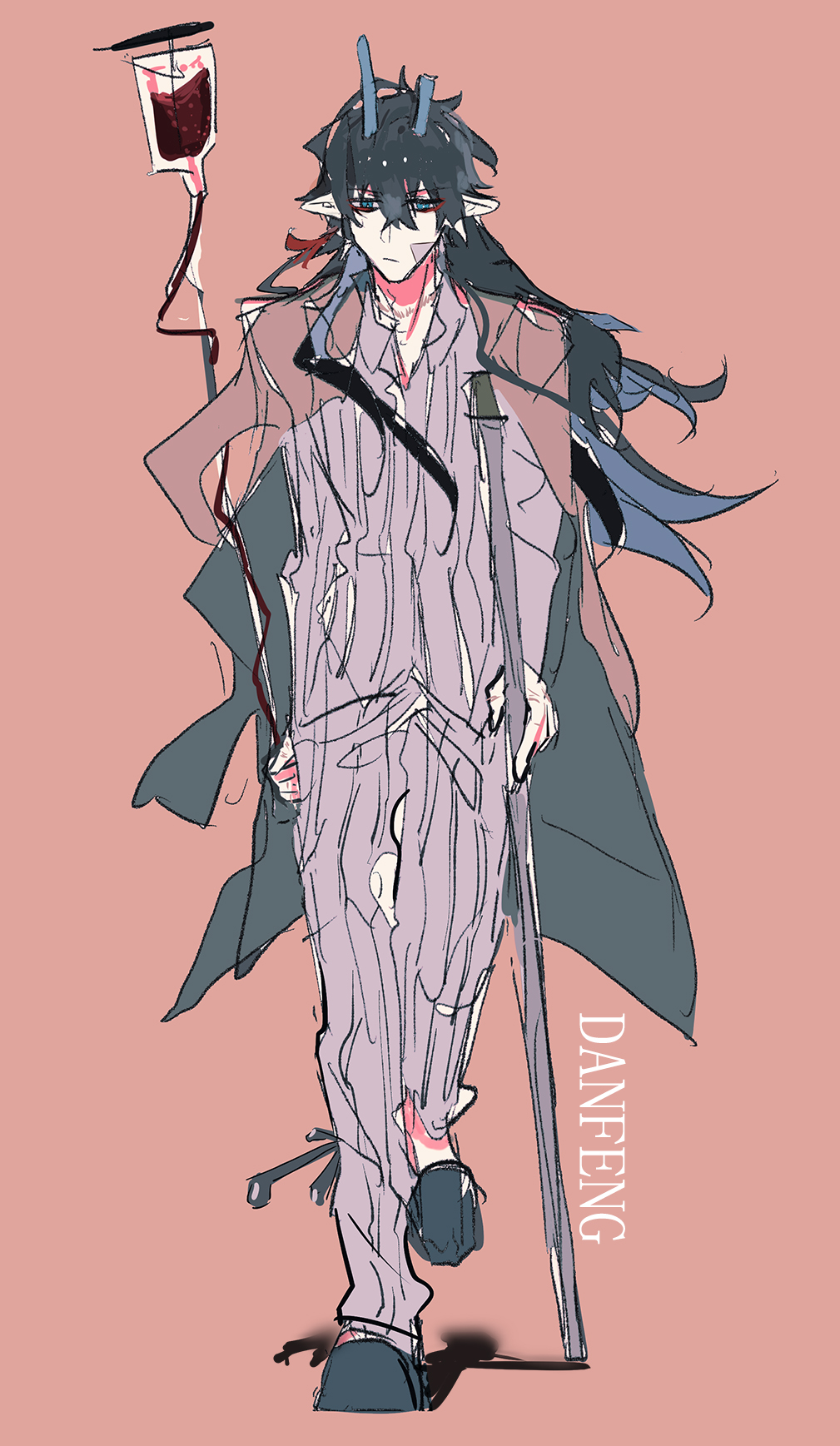 this is a digital art illustration of an anime character. he has long black hair, horns, and  is wearing  pajamas and a coat. he appears to be walking forward while carrying a long staff and a bag of blood. he is smiling and appears to be in a good mood.