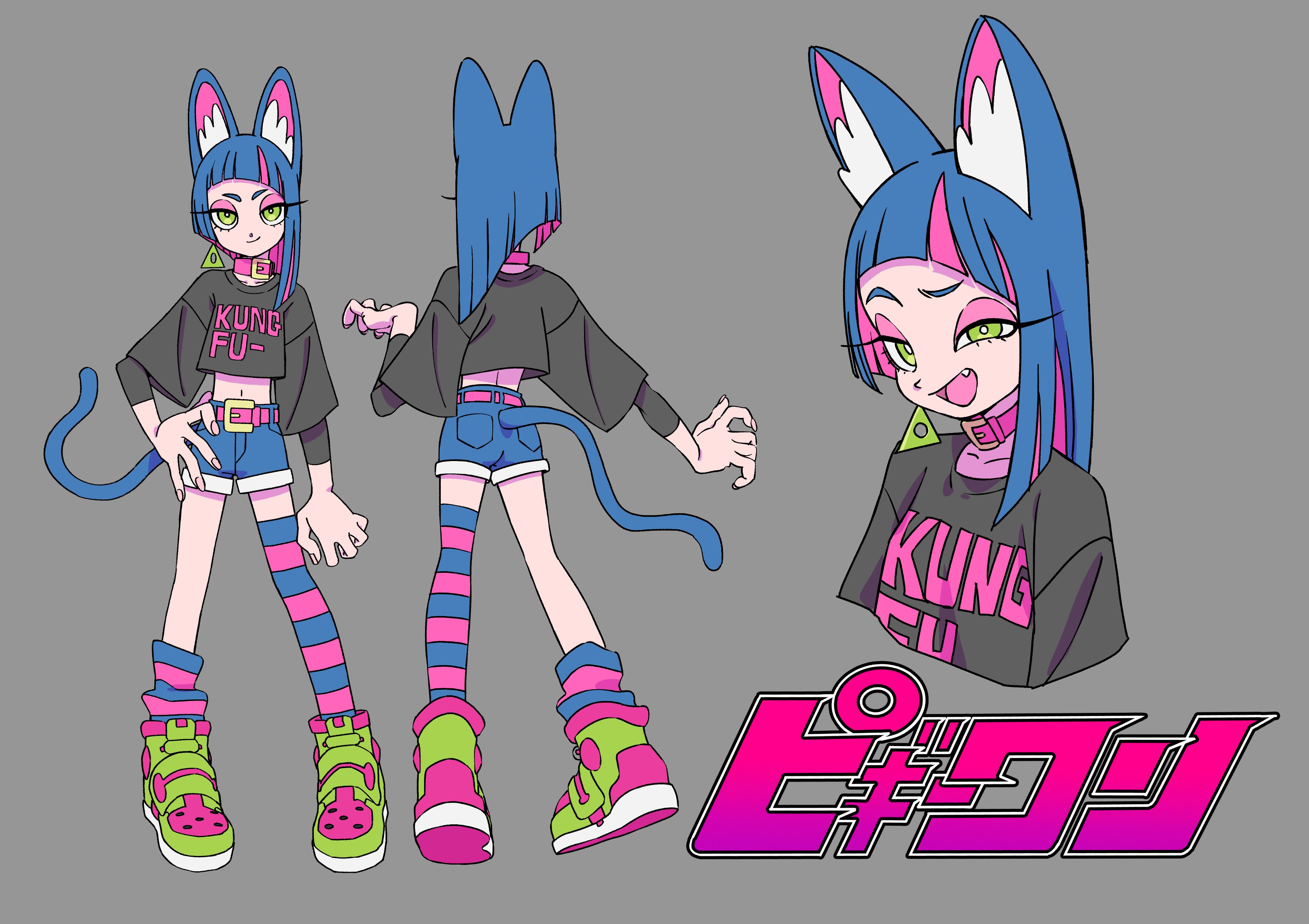 the image showcases a vibrant animestyle character design for a 'kung fu' catgirl. the character, sporting blue cat ears and a tail, wears a black cropped 'kung fu' shirt, blue denim shorts, and colorful striped thighhigh socks. her playful and energetic personality is further emphasized by her dynamic poses and the closeup on her mischievous grin.