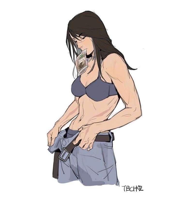 an anime sketch of a muscular woman with brunette hair, wearing a bra and pants, and eating something while holding her pants with a belt. the artist's signature is "tbcho2" at the bottom right.