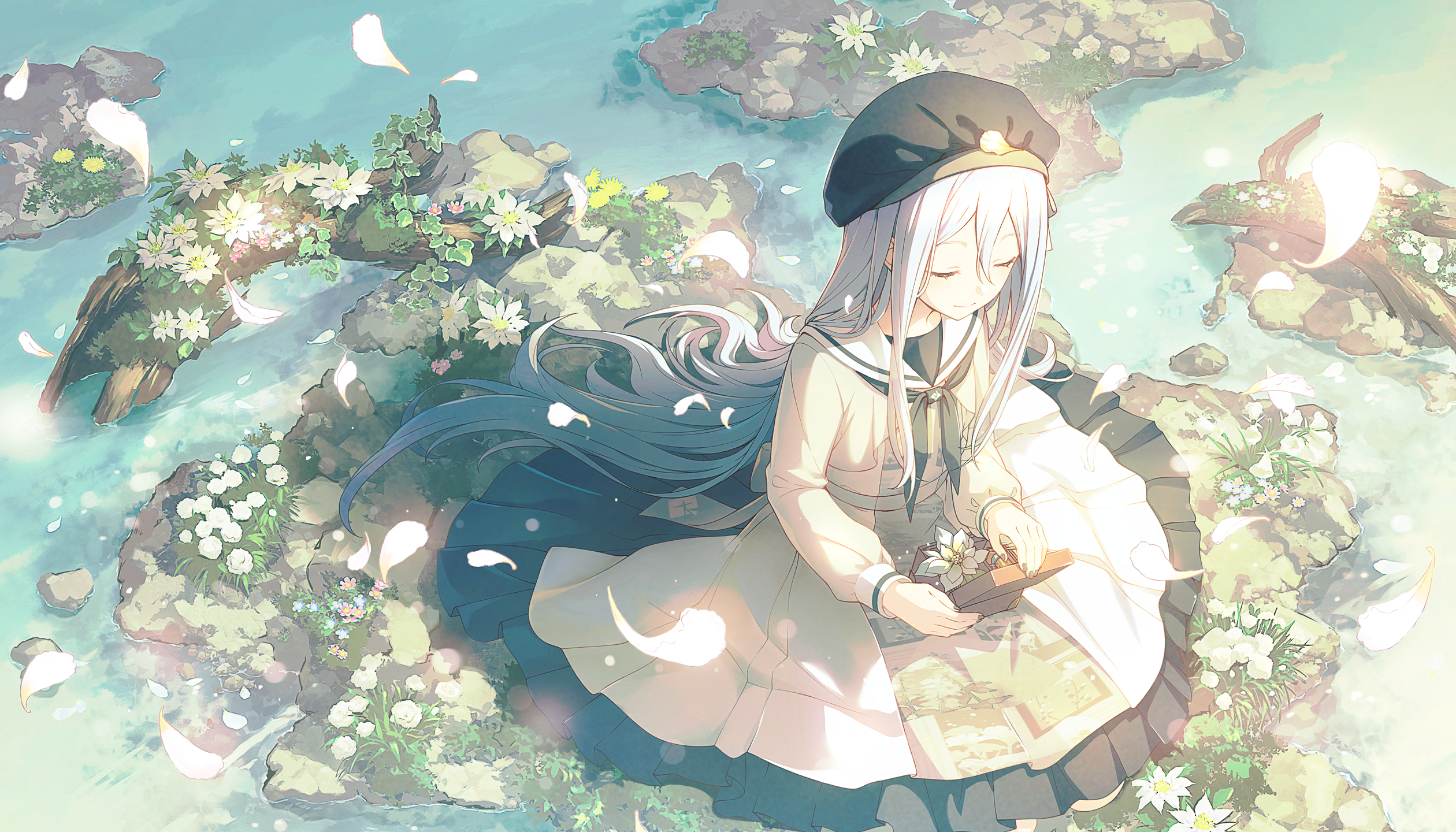 a serene animestyle illustration depicts a young girl with long white hair, wearing a beret and sailor uniform, sitting amidst rocks and flowers next to water. she has her eyes closed and is reading a book, surrounded by falling petals, creating a peaceful and scenic atmosphere.