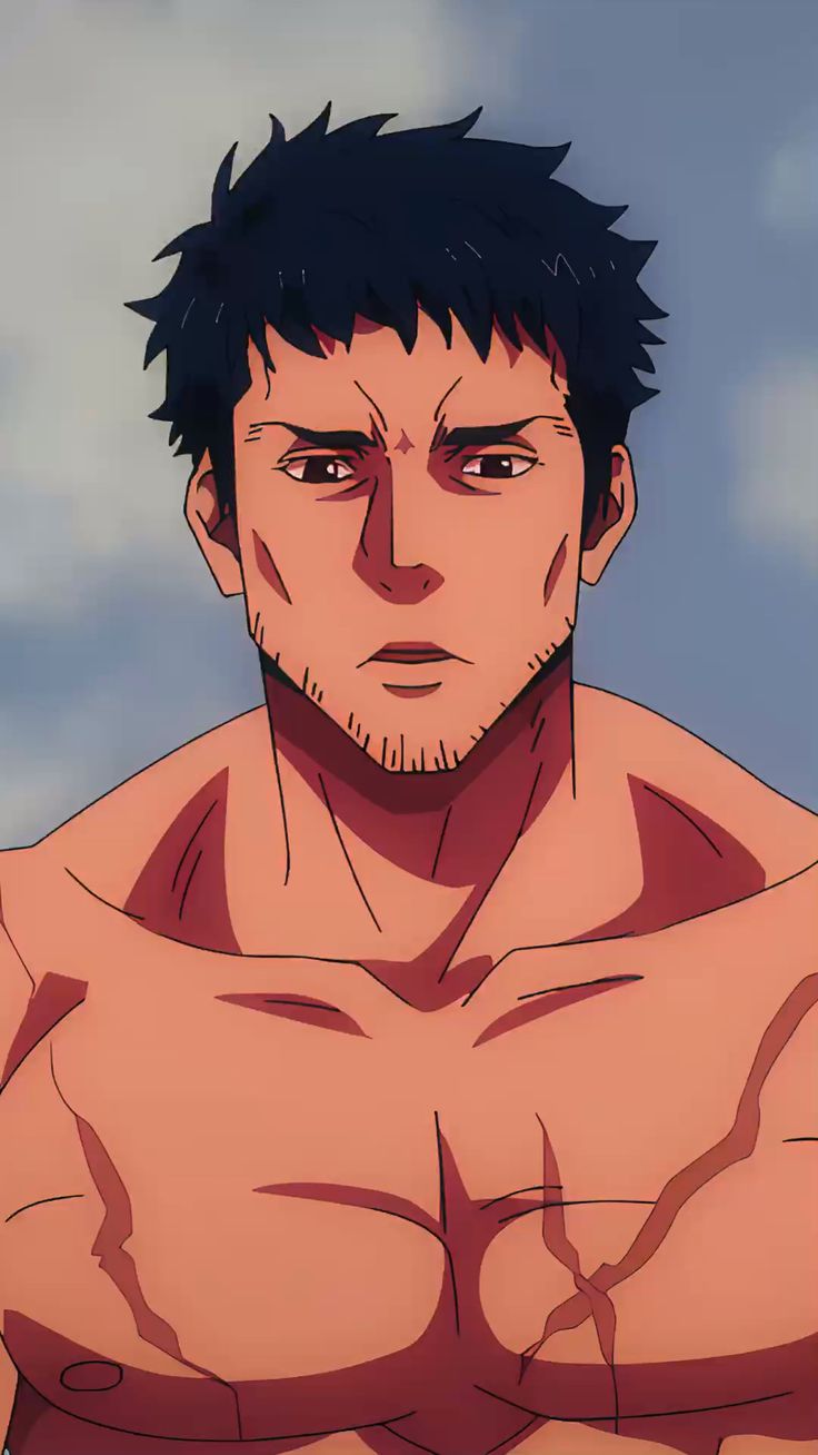 a closeup portrait of an anime man. he is muscular and shirtless, with a serious expression on his face. he has dark hair, brown eyes, and a beard with stubble.