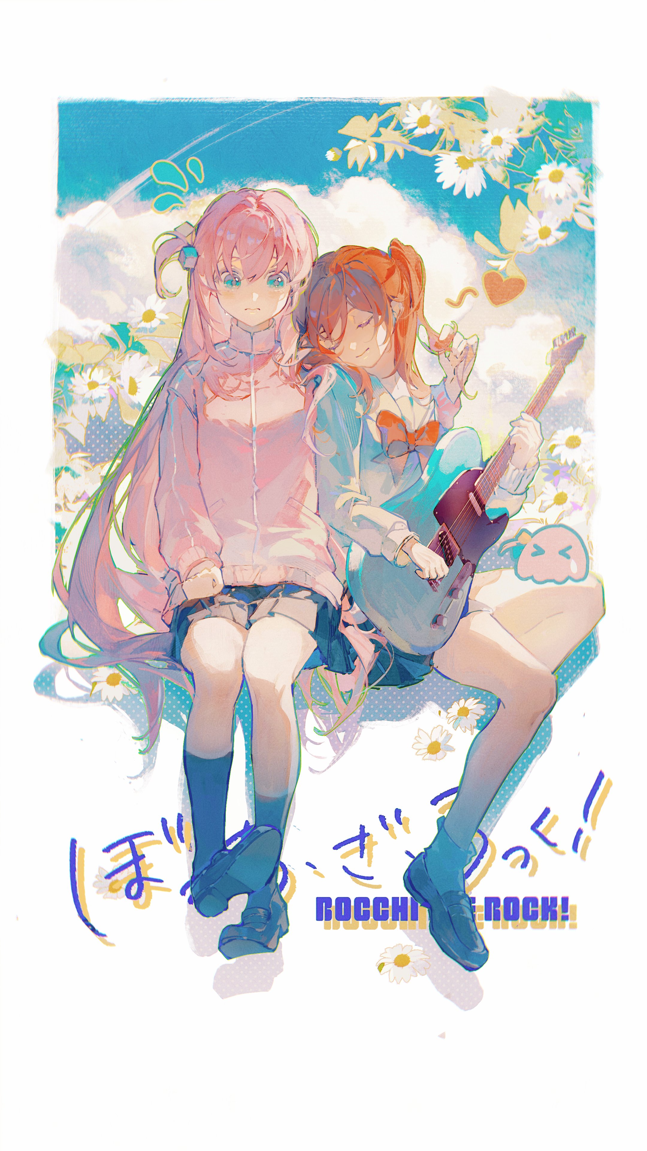 the image is a digital illustration featuring two anime girls sitting together amidst a field of daisies under a bright, partly cloudy sky. one girl has long pink hair and is wearing a light pink sweater and dark blue socks and shoes. the other girl has long orange hair and wears a blue and white school uniform.  they are playing a light teal electric guitar. the style is soft, pastel, and dreamlike. japanese text is visible at the bottom, including "rocchi rock!"
