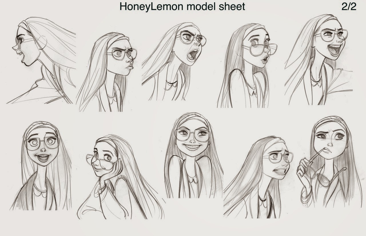 the image is a model sheet of honey lemon from the movie big hero 6. it shows several sketches of the character in different poses, angles, and expressions. she is wearing her signature glasses and headband in most of the sketches. the sheet shows various emotions like anger, happiness, surprise, and pensiveness. the image contains pencil drawings of the character in various angles and poses.