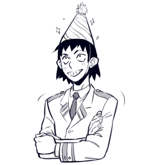 the image is a black and white sketch of a young man wearing a birthday hat. he's wearing a collared shirt with a tie and a jacket over it. he has an excited expression on his face and is wringing his hands. there are sparkles around the hat.