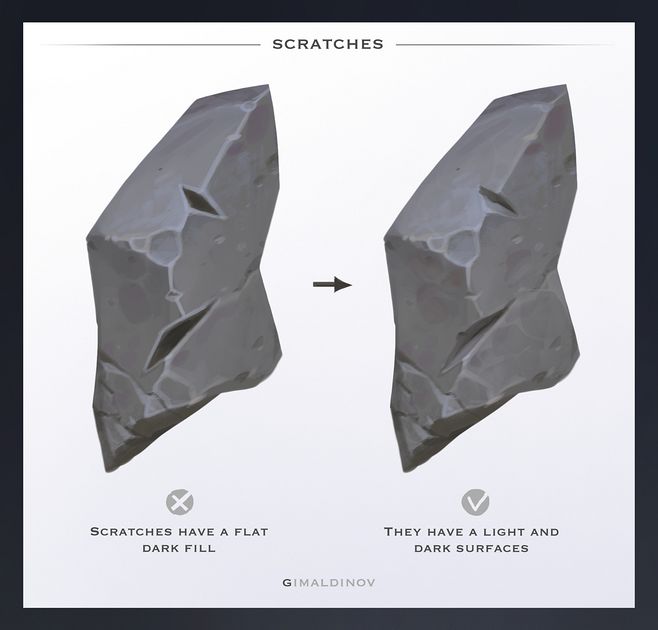 a digital drawing tutorial comparing a stylized rock with flat scratches to a more realistic one with light and dark surfaces on the scratches.