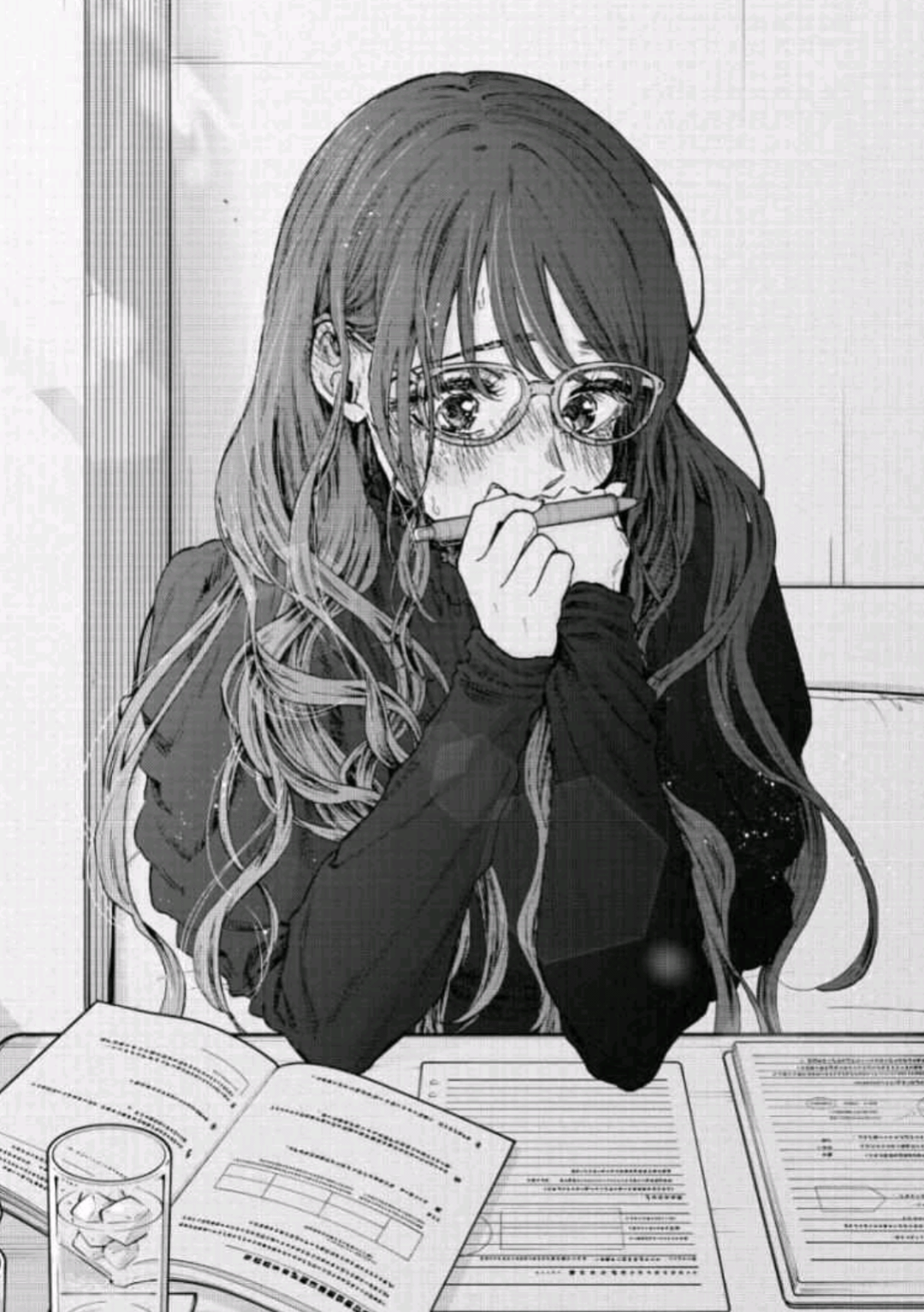 the image is a monochrome animestyle illustration of a young woman with long, wavy hair and glasses. she appears to be overwhelmed and sad, holding a pen to her mouth while surrounded by paperwork on a desk.  the overall mood is melancholic and reflective. the style is reminiscent of manga or graphic novel artwork, with a focus on linework and shading to create emotion.