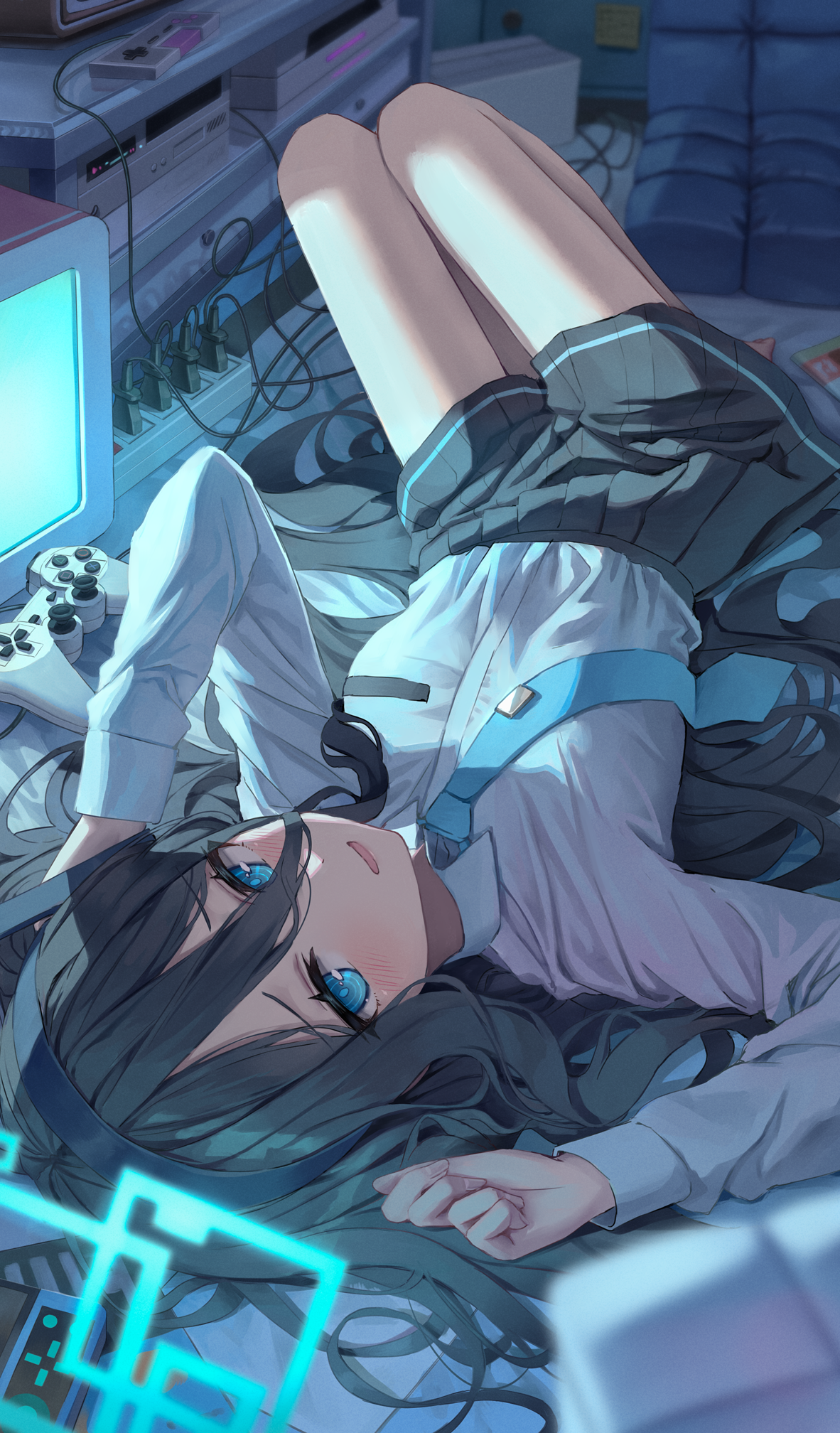 the image is a digital illustration of an animestyle girl with long dark hair and bright blue eyes.  she's wearing glasses, a white longsleeved shirt, and a dark grey skirt.  she is lying comfortably on the floor amidst a collection of retrostyle gaming equipment including a crt monitor, game consoles (possibly nes or snes), controllers, and a tangle of wires.  the overall ambiance is nostalgic and peaceful, suggesting a relaxed gaming session in a dimly lit room. the color palette is predominantly cool, with blues and purples creating a calm atmosphere. the girl's expression is serene and suggests contentment.