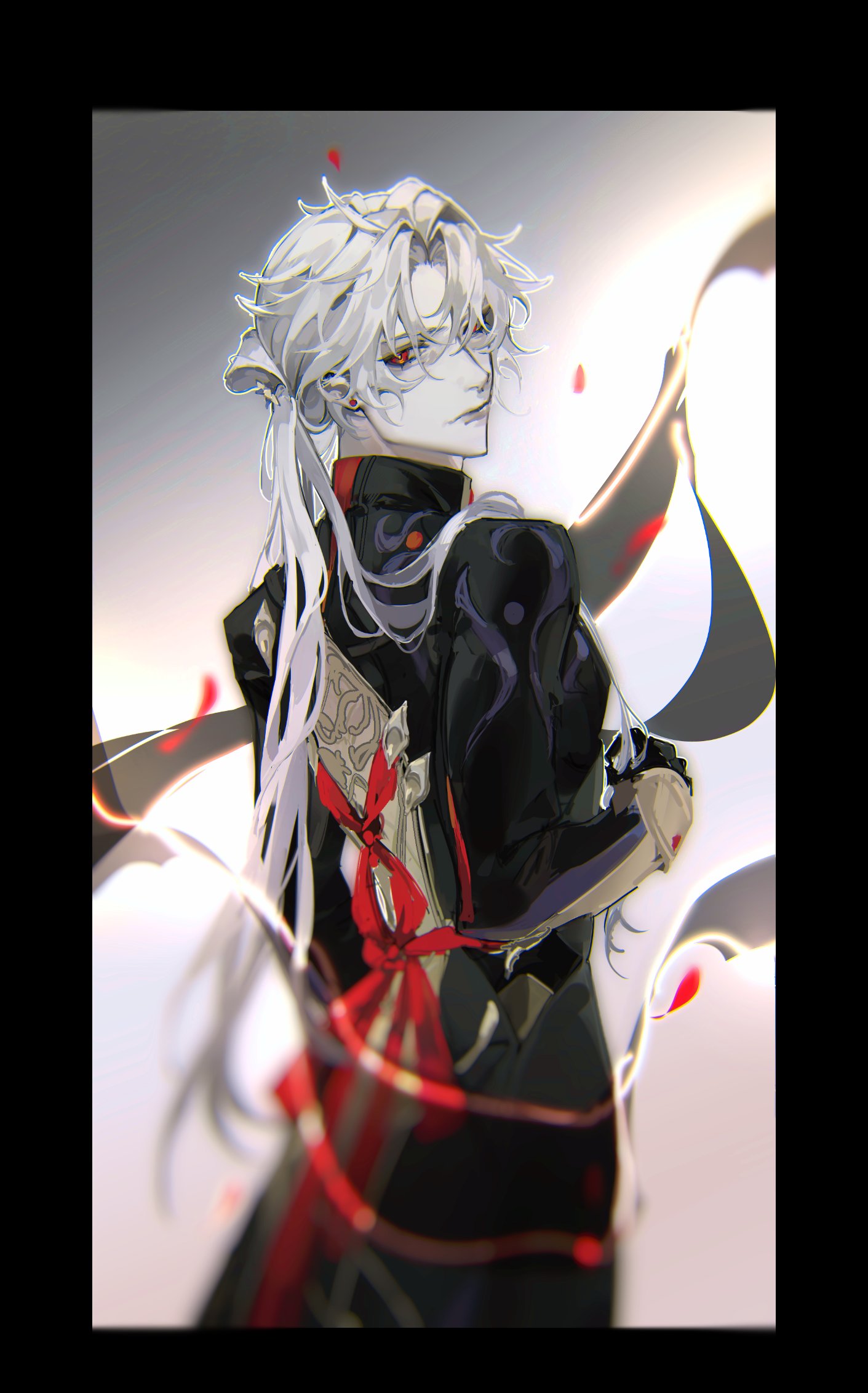 the image is a portrait of an anime character, a young man with white hair and red eyes. he is wearing a black outfit with a red ribbon tied around his waist. he is standing in front of a dark background with light shining through. his expression is stoic and mysterious. the image has a fantasy and romantic feel.