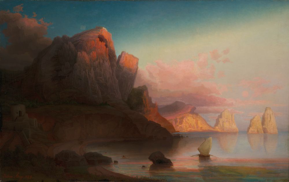 a landscape painting depicts a rocky coastline with towering mountains, a calm sea reflecting the sky, a small boat with a white sail, and clouds illuminated by the setting sun. the faraglioni rock formations of capri are visible in the distance. the painting is signed "thomas fearnley, 1839."