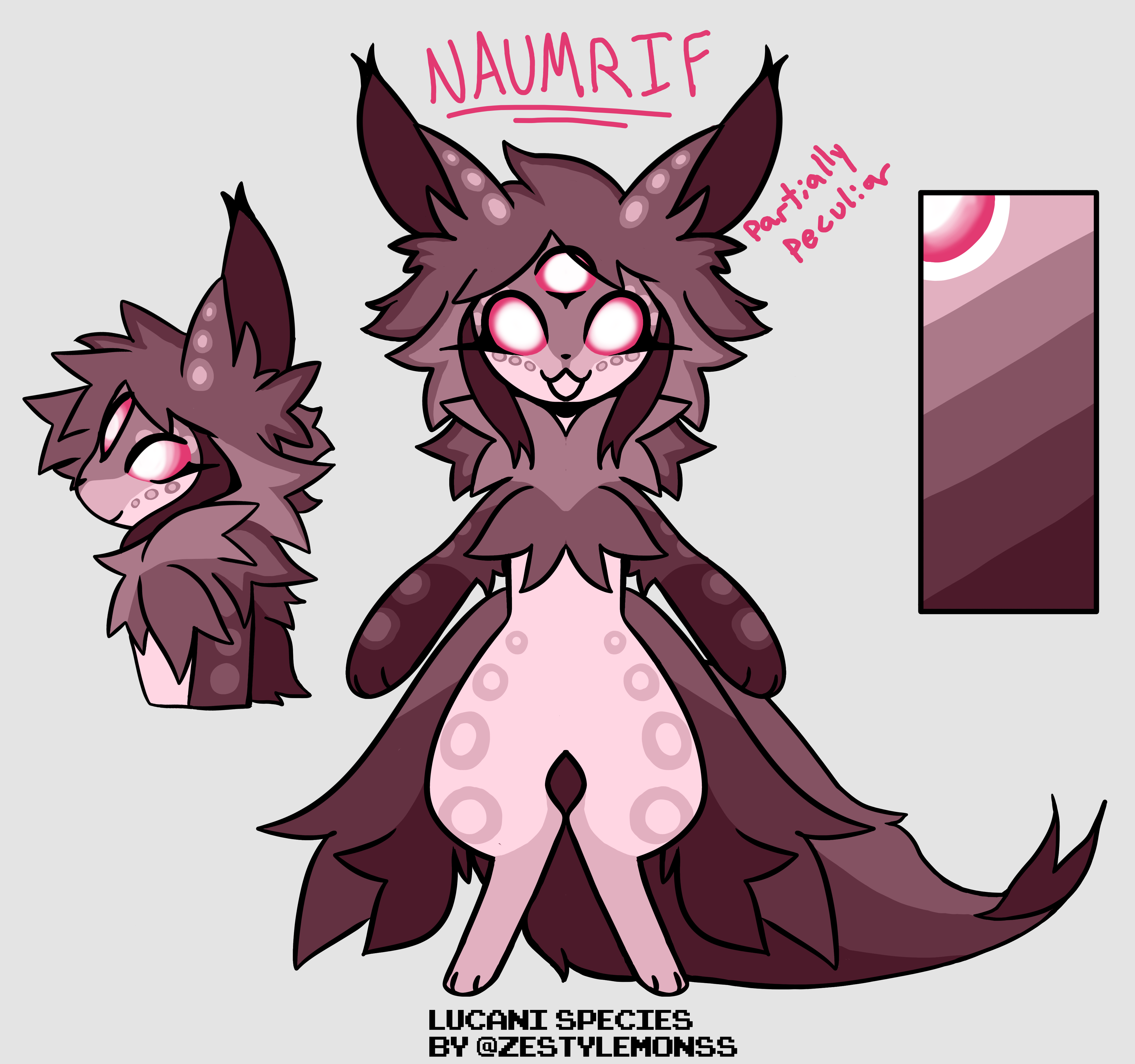 this is a digital art illustration of a cartoon furry creature with pink fur and purple markings. it has large ears and a long tail with a single, large, pink, eye that is outlined in white. the creature is depicted in a standing position, with its front legs slightly extended and its back legs close together. the background is a light grey, with the creature outlined in black. the art is labeled "naumrif lucani species by @zestylemonss," and the title "partially peculiar" is written above the creature's head.