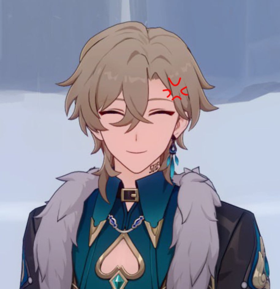 a digital fanart depicting kaeya from genshin impact. he is portrayed with blond hair and blue eyes, wearing a teal outfit with a fur collar and earrings.  a small angry emoji is added to his forehead. the style is animelike and the image is a closeup portrait. the overall mood is playful yet slightly annoyed.