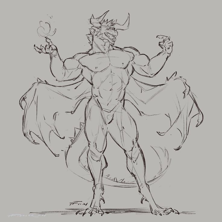a sketch of a muscular, male dragon with wings. he is drawn with a humanoid body and is shown standing with his wings spread out behind him. he has a stern expression on his face, and his claws are extended.