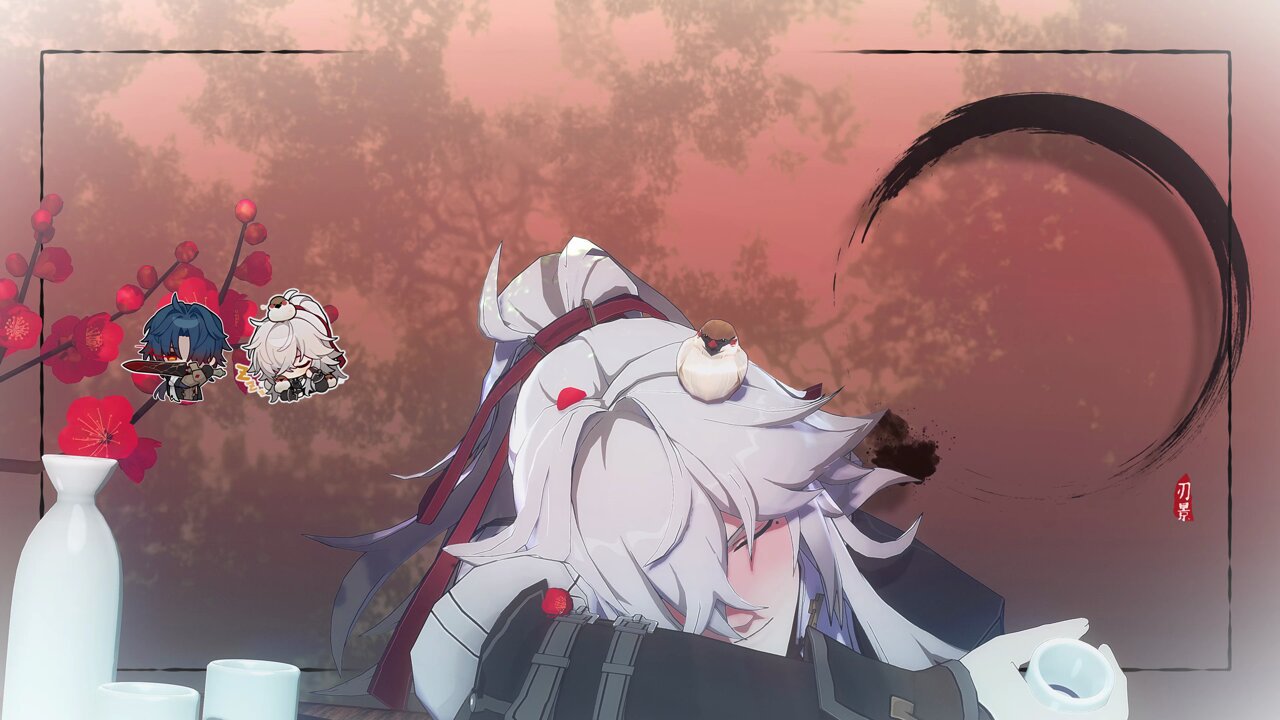 the image is a digital illustration of an anime character from genshin impact. the character is scaramouche, who has white hair and red eyes and is wearing a kimono and holding a sword. the character is sitting with a cup of tea in his hand, and a bird is perched on his hair. the background is a traditional japanese setting, with red and white colors dominating the background. the image is a mix of traditional and modern art styles.