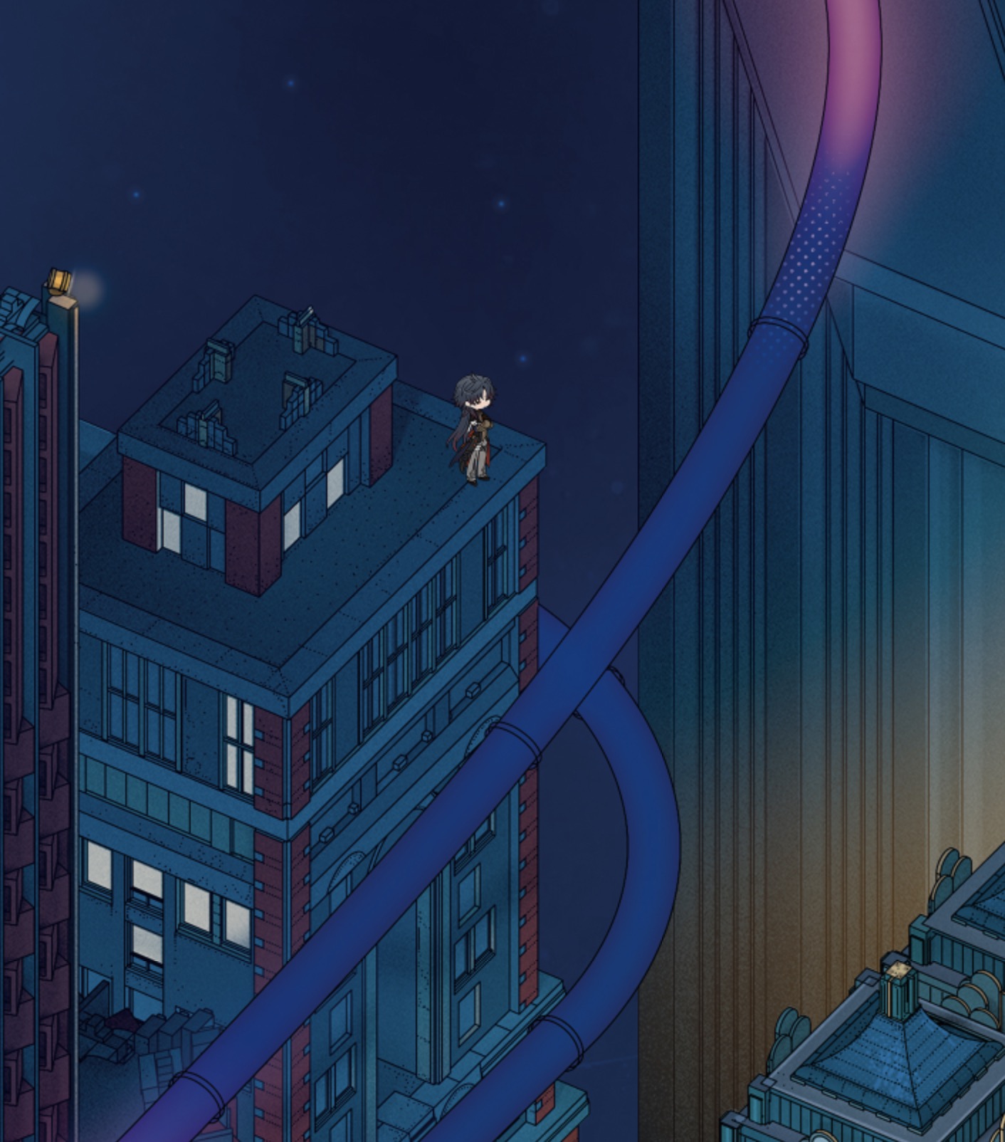 a cartoonish depiction of a futuristic city at night. the image is dominated by tall buildings and a winding blue tube that runs through the scene. there is a small figure on the roof of one building, silhouetted against the night sky. the overall feel of the image is cool and mysterious, with a hint of cyberpunk influence.